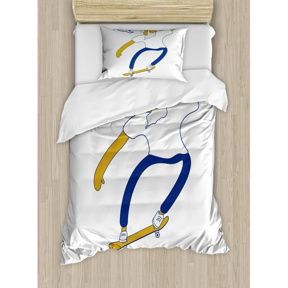 Indie Duvet Cover Set, Cool Hipster Old Man on Skateboard with Beard Sunglasses Urban Character, Decorative 2 Piece Bedding Set with 1 Pillow Shams, Twin Size, Pale Coffee Blue White, by Ambesonne