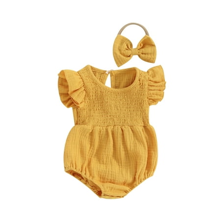 

Mioliknya Baby Girl Summer Jumpsuit Solid Color Elastic Romper and Bow Headband