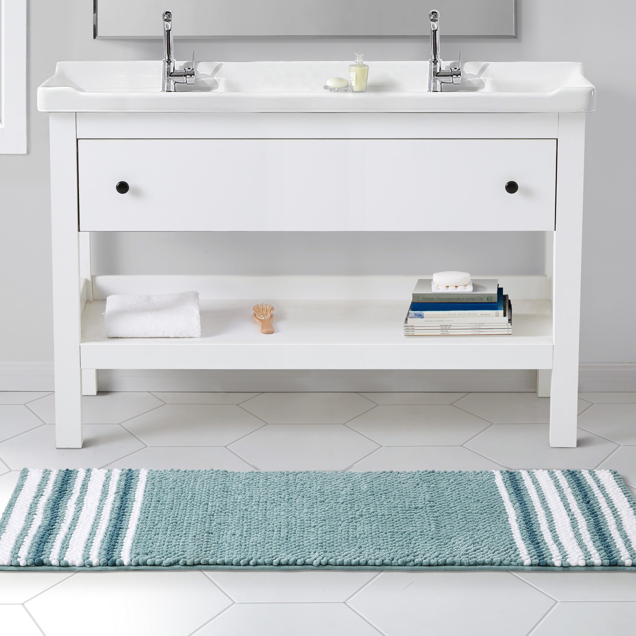 VCNY Home Aiden Jacquard Striped Aqua Polyester Bath Runner, 24" x 60"