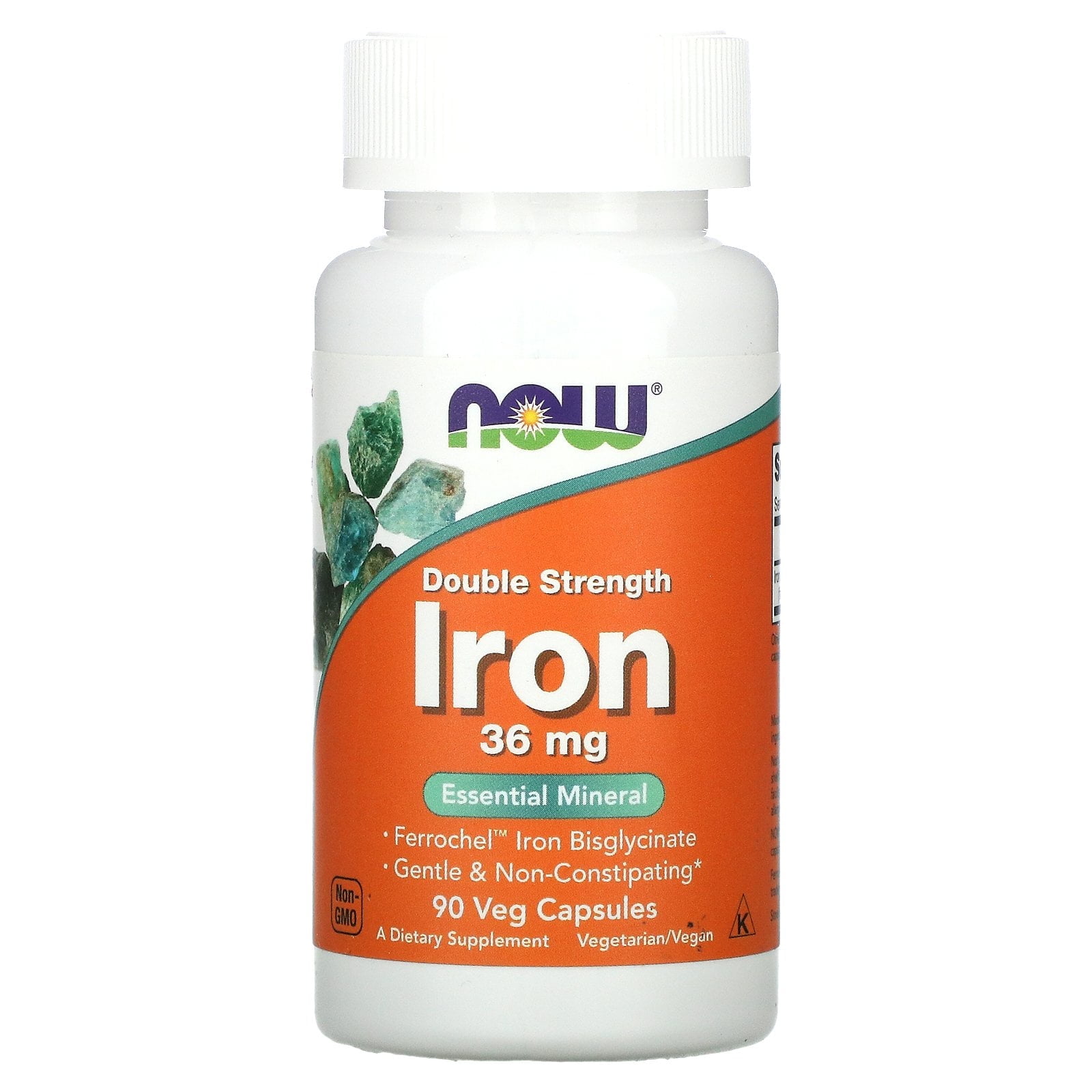 NOW Supplements, Iron 36 mg, Double Strength, Non-Constipating*, Essential Mineral, 90 Veg Capsules