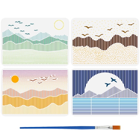 4 PCS Line Scenery Painting Stencil with Brush 8.3x11.7inch Sun Mountains Template Flying Birds Stencil Reusable Sunrise Sunset Template Nature Theme