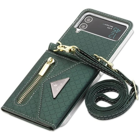 Zjrui Compatible with Samsung Galaxy Z Flip 4 Wallet Case with Lanyard Strap Leather Zipper Kickstand Crossbody Case-Green