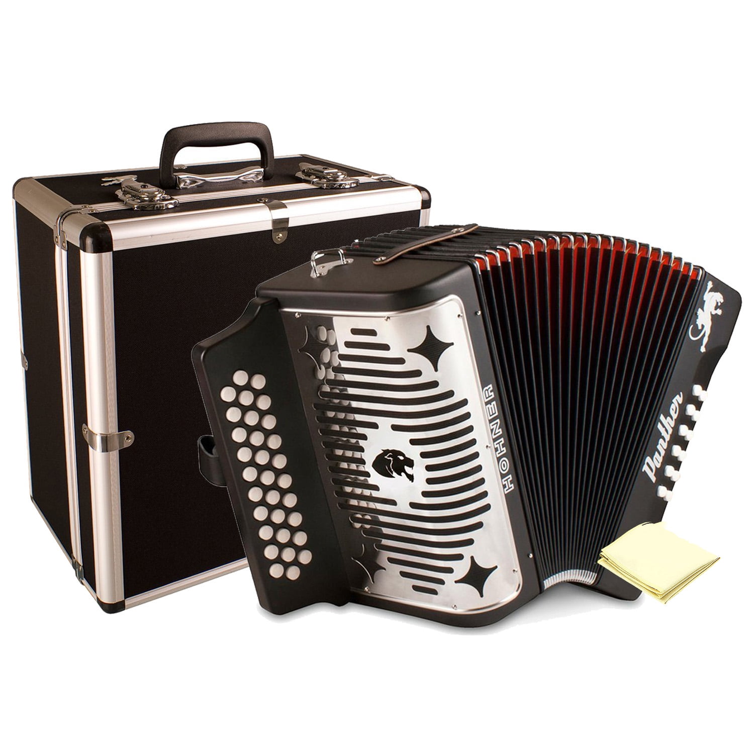 Hohner 3100gb Panther Diatonic Button Accordion In The Key Of G Inblack Finish With Hardshell Accordion Case And Accordion Polishing Cloth