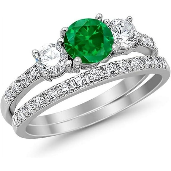 Gems Jewels 925 Sterling Silver 2.00 Ct Round Cut Green Emerald Christmas Thanksgiving Engagement Wedding Bridal Ring Set 14K White Gold Plated For Women's -7