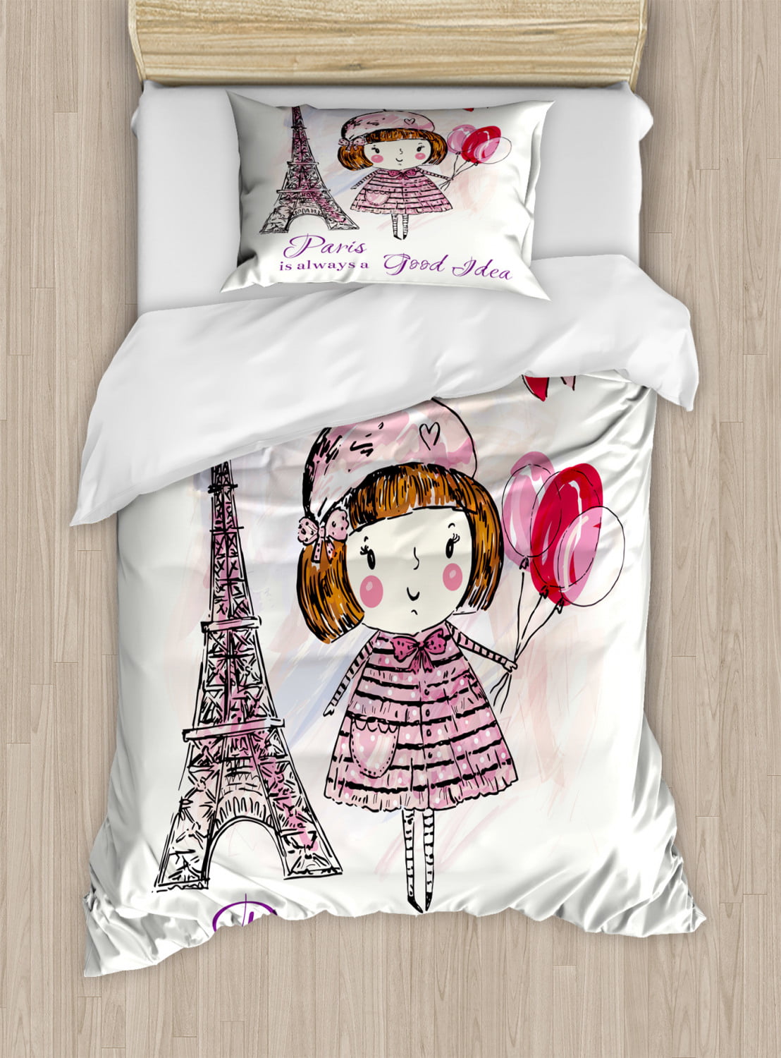 Decorative Printed 3 Piece Bedding Decor Set Pink Purple Little Girl Holding Balloons Hearts a Cloud and Eiffel Tower Illustration Ambesonne Paris Fitted Sheet & Pillow Sham Set Full 