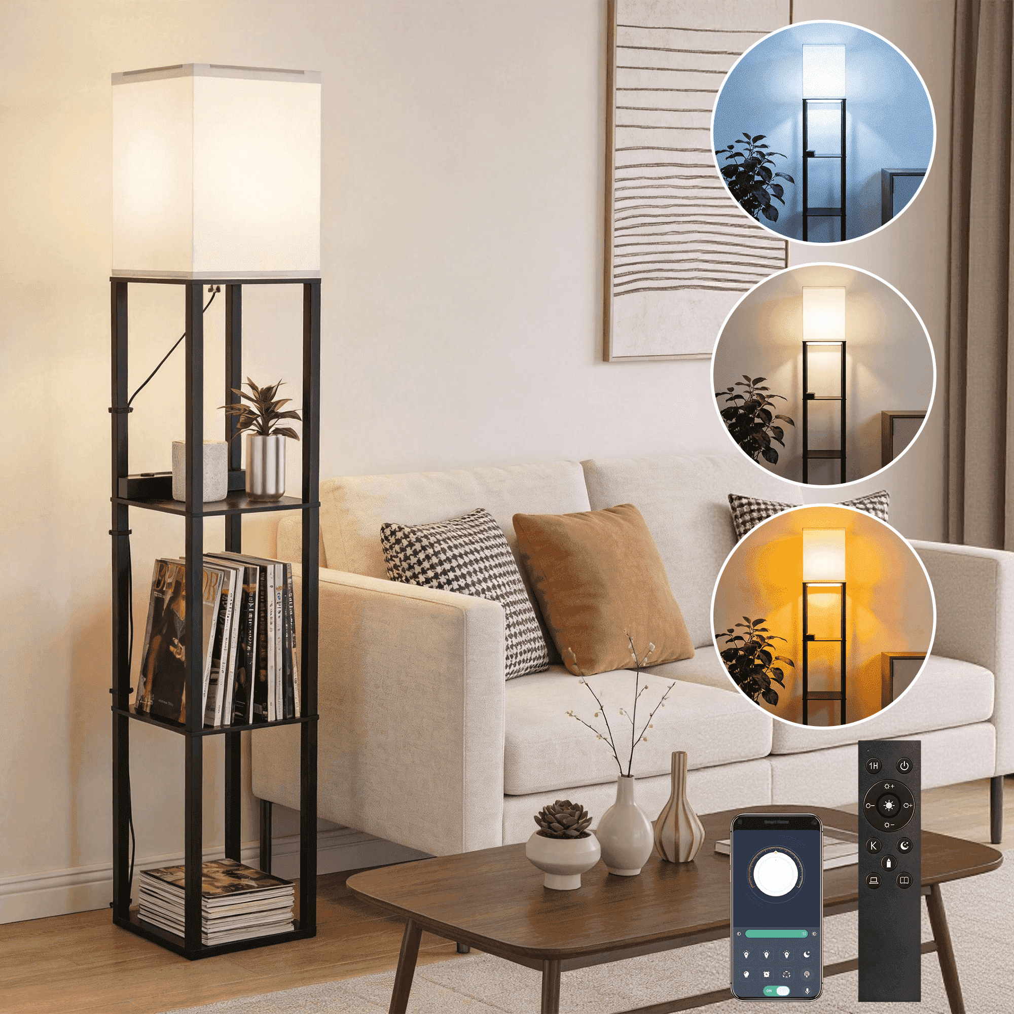 Homechoose Modern Shelf Floor Lamp with Charging Station, Stepless Dimming, Remote & App Control, 3-Tier Storage, 2500K–6000K Adjustable, Walnut Black