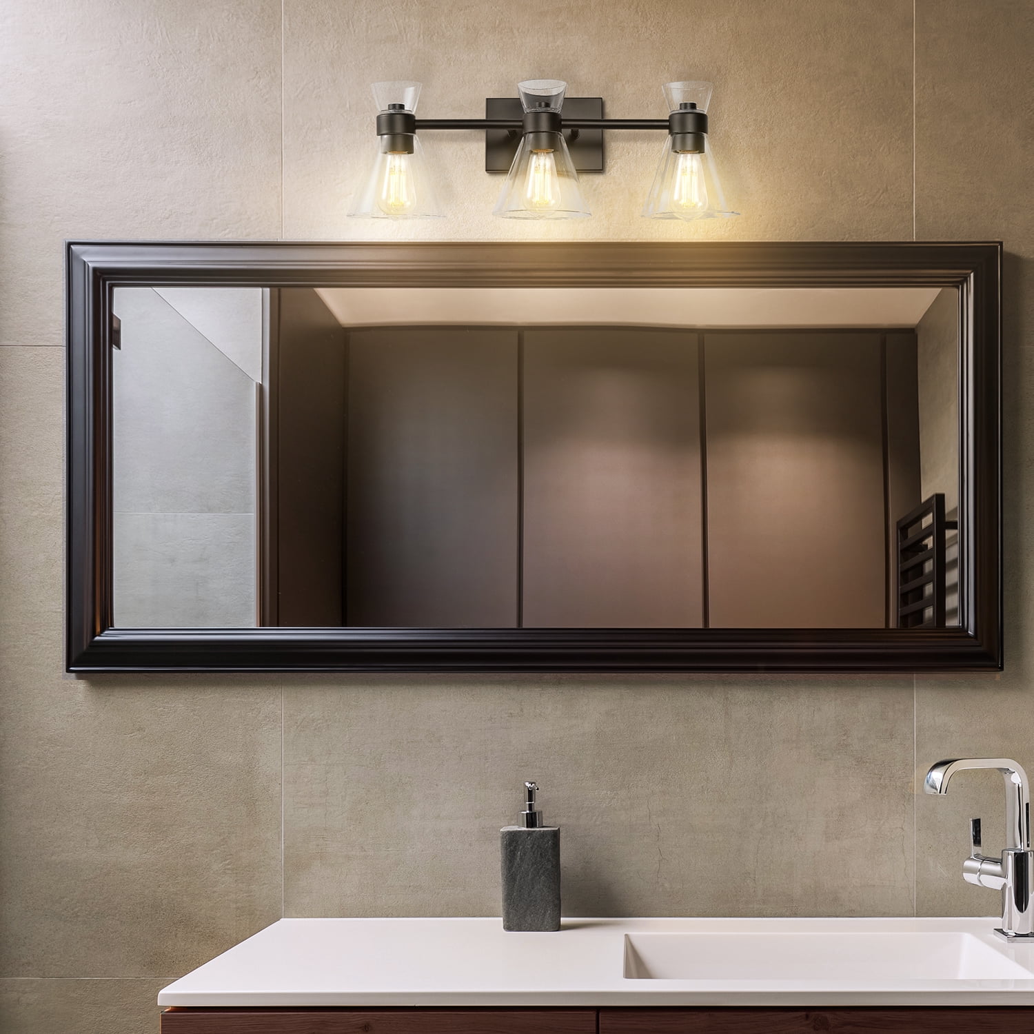 Globe Electric Lofty Chic Style 3-Light Matte Black Vanity Light with Clear Glass Shades, LED Bulbs