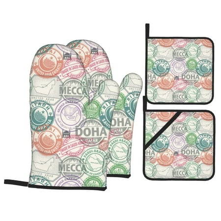 

Oven Mitts and Pot Holders Sets 4 pcs - funny Postmark design Heat Resistant Silicone Oven Gloves with Non-Slip Silicone Surface and hot pads for kitchen Baking Cooking BBQ