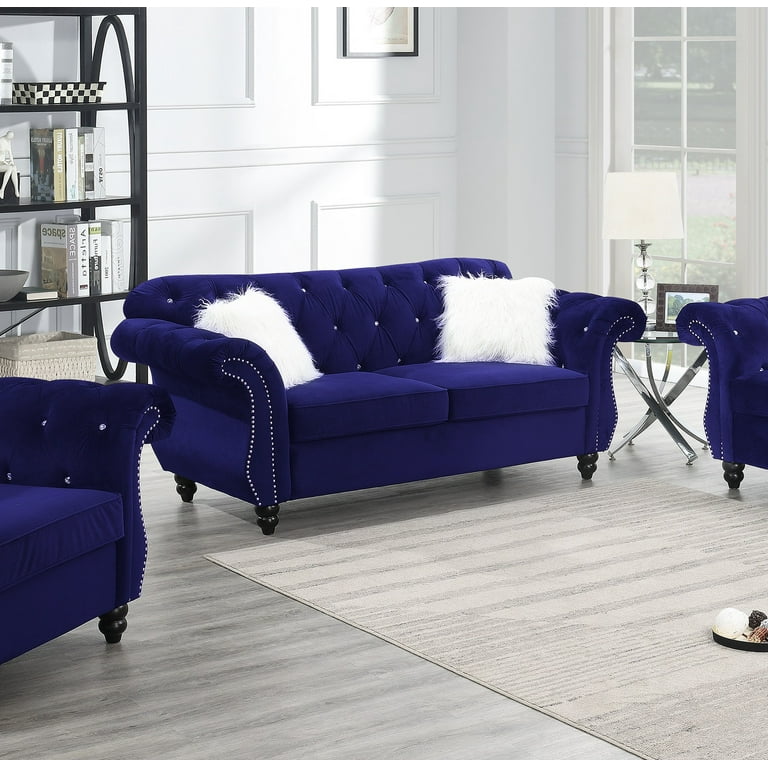 Esofastore Majestic Indigo Blue Velvet Fabric 3pcs set Rolled Arms Sofa Loveseat Chair Living Room Furniture Couch Plush Cushions