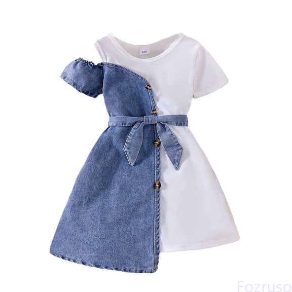 Fozruso Dresses for School Casual Stylish Girls Denim Dress With Short Sleeves And Layered Two Piece Featuring Asymmetrical Hem And Adjustable Waist Sash For Toddlers And Sizes 5 Years