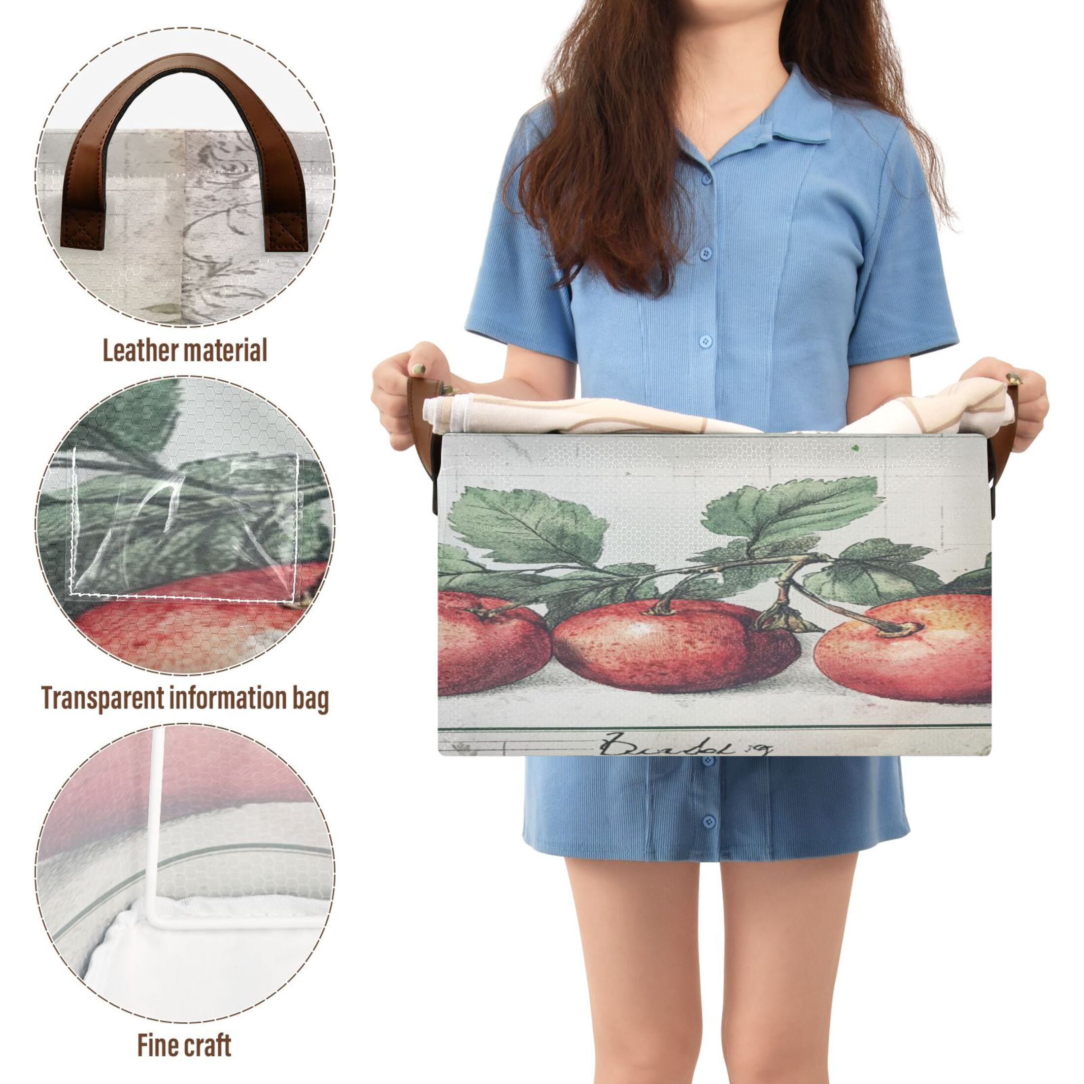 Red Fruit Picture Storage Basket Soccer Plaid Fabric Hoard Box Oversized Collapsible Closet Organizer with Metal Iron Frame 16.9×11.4×10in