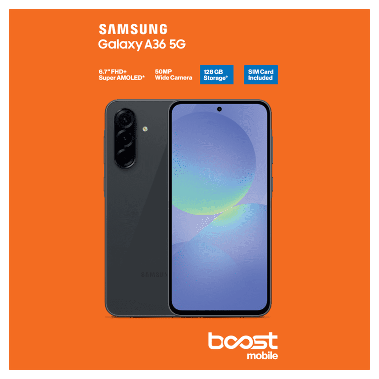 Boost Mobile Samsung A36, 5G, 128GB, Black - Prepaid Smartphone