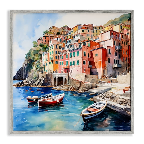 Stupell Industries Traditional Cinque Terre Boats Gray Framed Giclee Art, 17 x 17, by LSR Design Studio