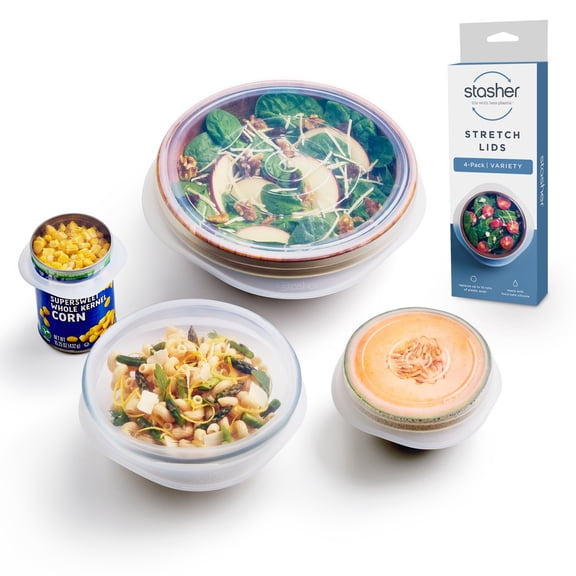 Stasher Premium Food-Grade Reusable Silicone Stretch Lids Variety 4-Pack ( 9in., 6.5in., 4.5in., 2.5in.), Airtight Seal, BPA Free, Dishwasher Safe/Leak Free, Clear, 4 Lids, Mother's Day Gifting