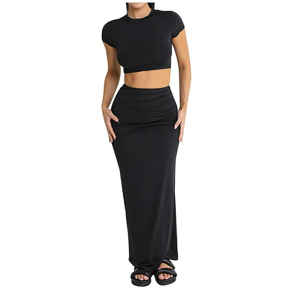 Two Piece Skirt Set for Women 2 Pc Y2K Outfits Short Sleeve Crop Tops Bodycon High Waist Long Maxi Skirts Black L