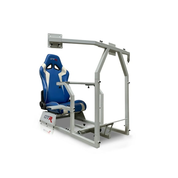 GTR Simulator GTAF Model Racing Simulator Cockpit Silver Frame with Blue/White Seat
