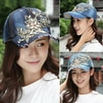 thumbnail image 4 of Trayknick Flower Embossed Rhinestone Denim Baseball Cap Summer Fashion Women Jeans Hat, 4 of 13