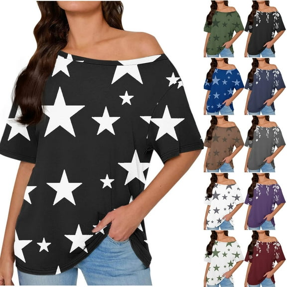 JTZGDY Womens Cotton Oversized Tshirts Funny Stars Printed Summer Boat Neck Off Shoulder Short Sleeve Basic Tunic Tees Tops Loose Fit Streetwear Clothes Gray XXL