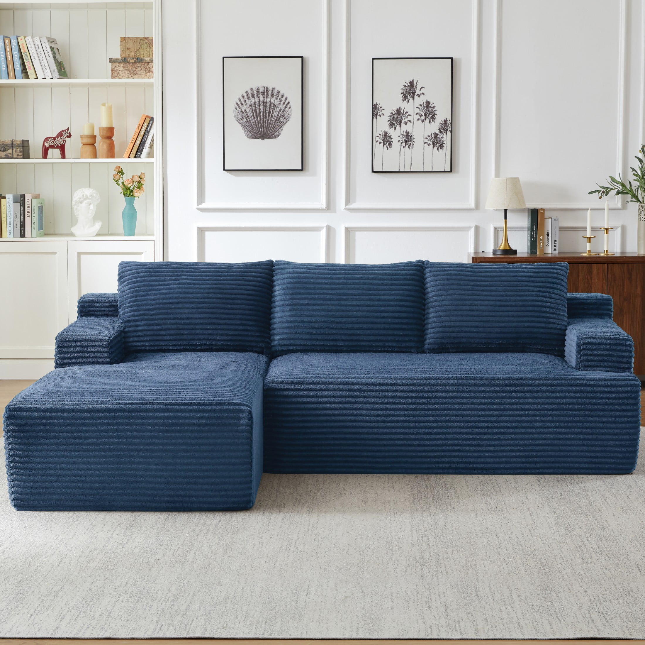 Aukfa 96" L-Shaped Cloud Sectional Sofa, Modular Boneless Couch with Deep Seat, Left-Facing Chaise, Corduroy Sleeper Sofa for Living Room, Blue