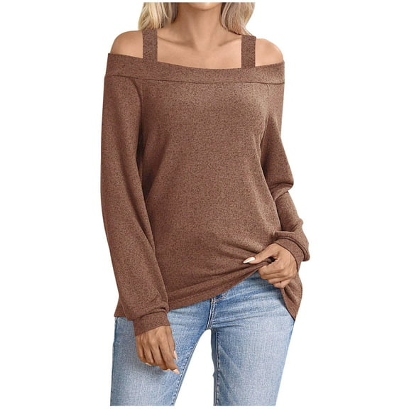 Womens Cold Shoulder Long Sleeve Tops Loose Strappy Dressy Casual Blouses Solid Color Spring Fall Clothes (XL, Brown)