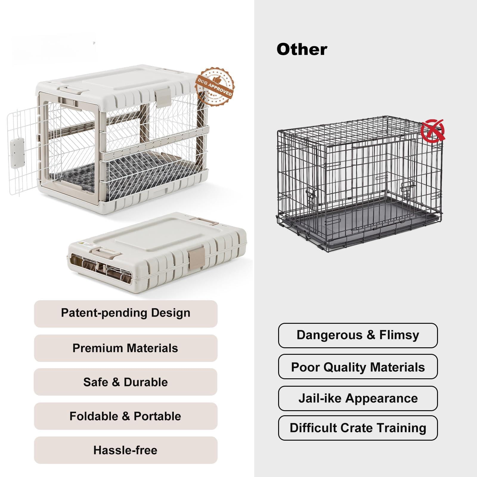 Collapsible Dog Crate With Bed Mat  28'' Foldable Kennel For Medium Dogs Tool-free Portable Cage 2 Rolling Wheels & Handles Pet Carrier Indoor Outdoor