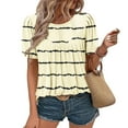 thumbnail image 2 of Beige Crewneck Spandex Tops for Ladies Summer Fall Short Sleeve Loose Fit Brunch Ruched Striped Plain Tops Shirt Blouses Womens 2025 Clothes Country Concert Y2K L, 2 of 7