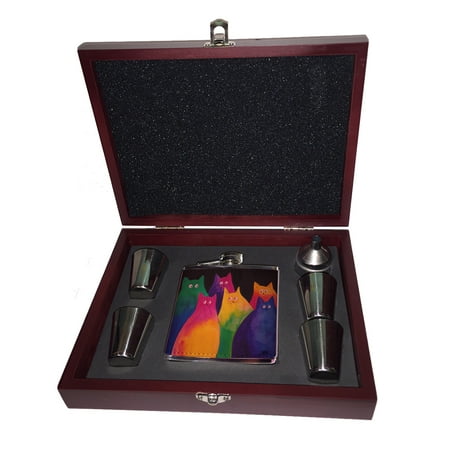 

KuzmarK Pink Leather Flask Set in Rose Wood Gift Box - Very Colorful Two Toned Chunky Kitties Art by Denise Every