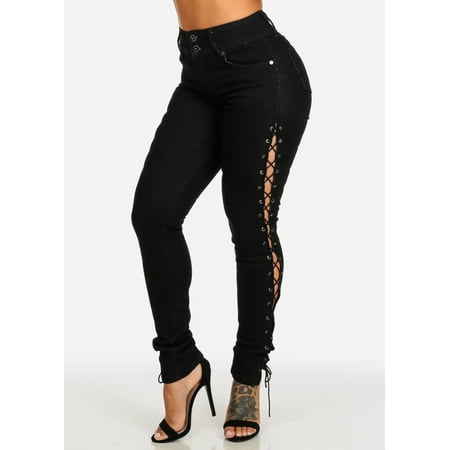 Womens Juniors Black High Waisted Push Up Butt Lifting Levanta Cola Lace-Up Side Skinny Jeans (SIZES 0-24)