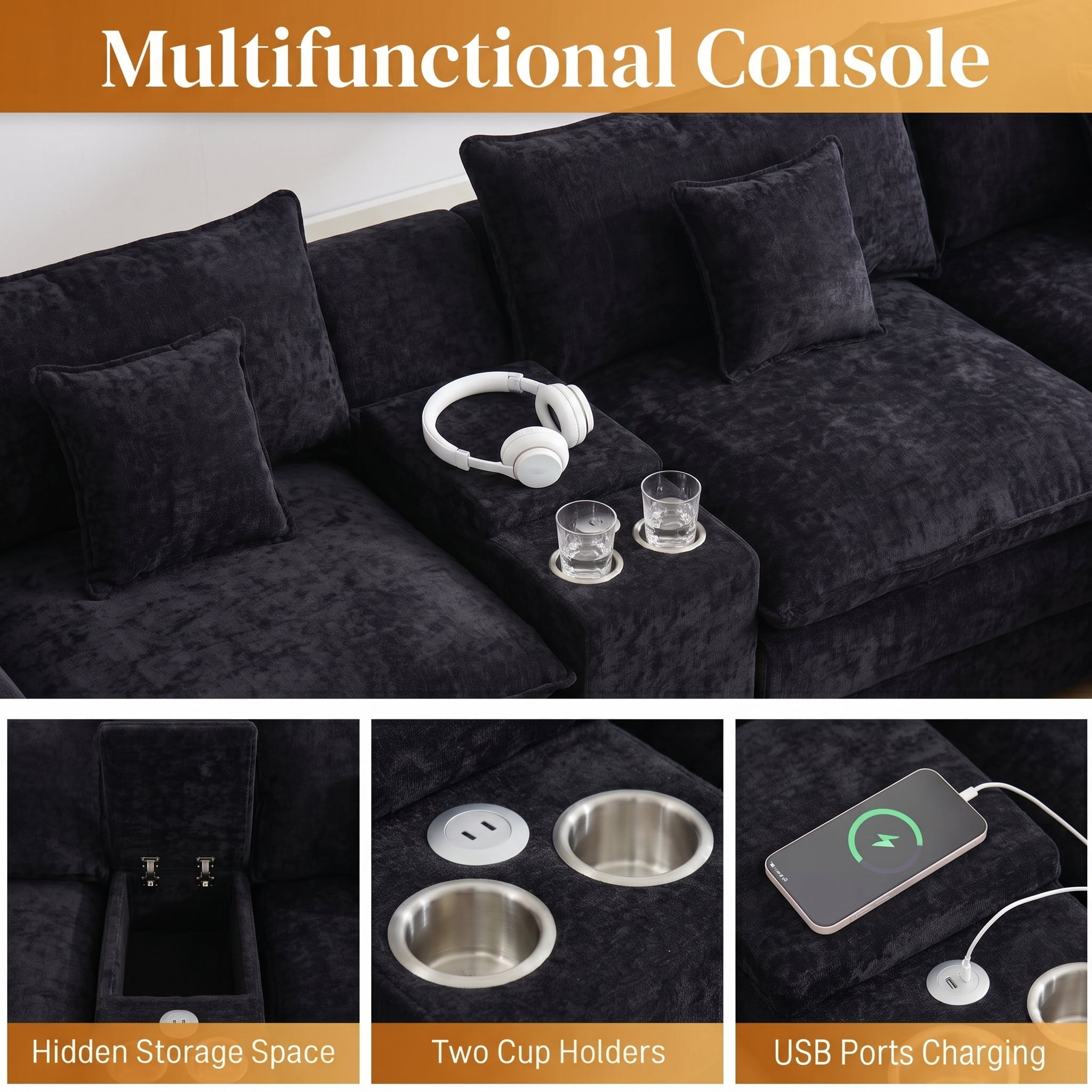 Vinform 145" U Shaped Cloud Couch Sectional with USB Charging, Hidden Storage, Cup Holders & Chenille Double Chaise, Black