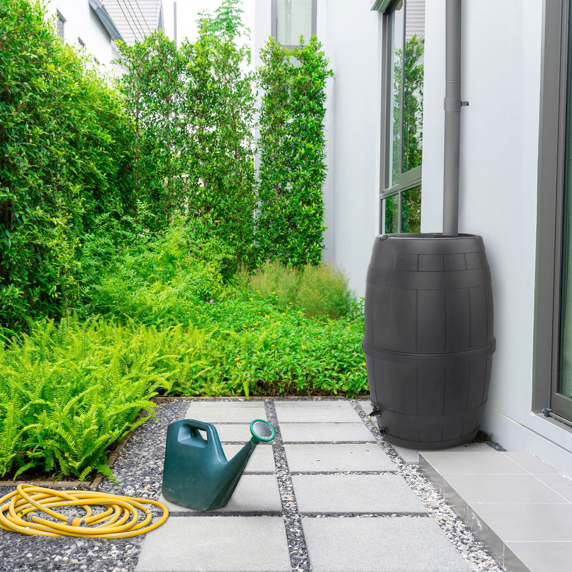 TierraVerde Knock Down Rain Barrel with Rust Proof Brass Spigot, 39 Gallon, Black