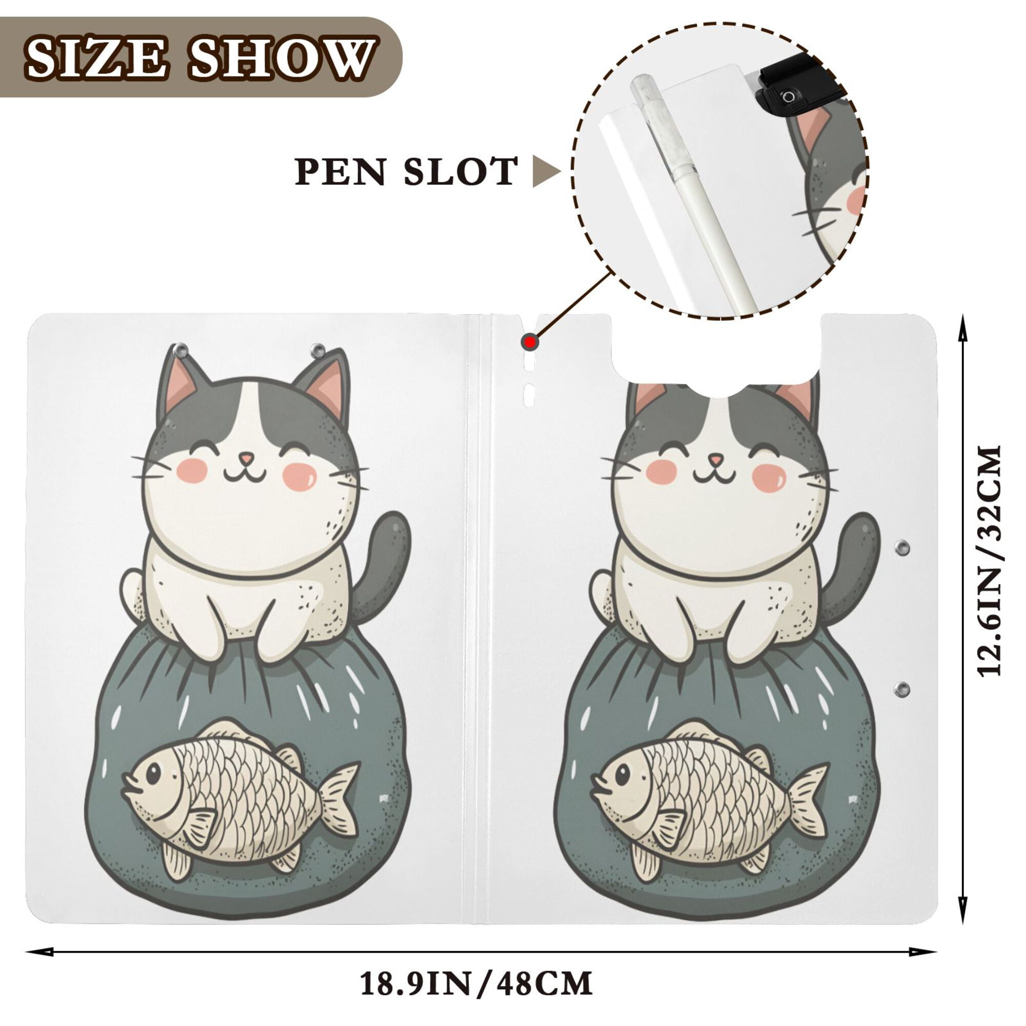 FORMRS A4 Clipboard Folder with Pen Holder Horizontal Foldable School Office Binder, Beige Cute Cat