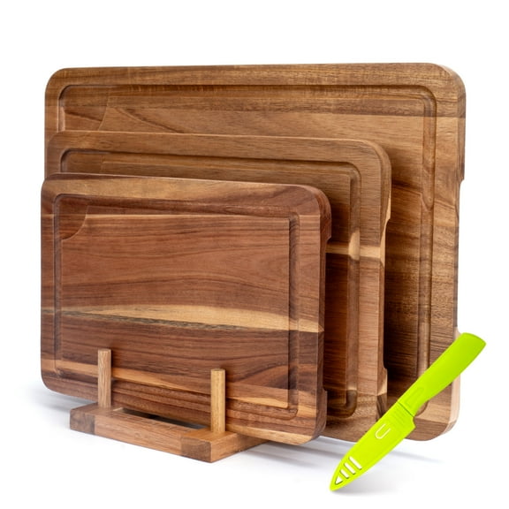 TJ POP Acacia Wood Cutting Board For Kitchen, Acacia Wooden Cutting Board Set of 3 with Juice Groove, Double-Sided Chopping Board Serving Board for Meat, Vegetables and Cheese