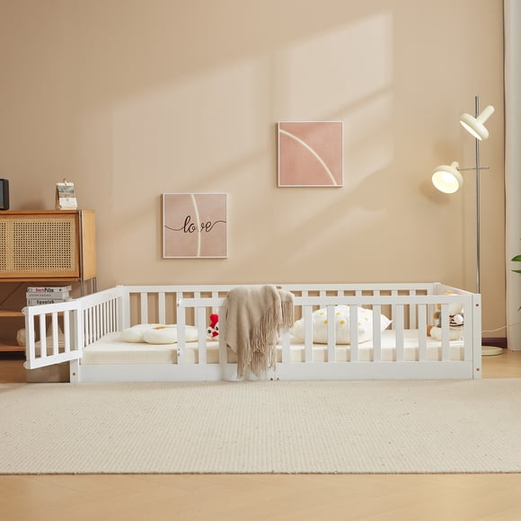 Ktaxon Montessori Queen Floor Bed with Safety Guardrails, Toddler Bed Frame for Kids, Wood Frame - White