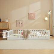 Zimtown Montessori Floor Bed Frame, Full Size Kids Toddler Bed with Fence and Door, Wooden Platform Bed, White