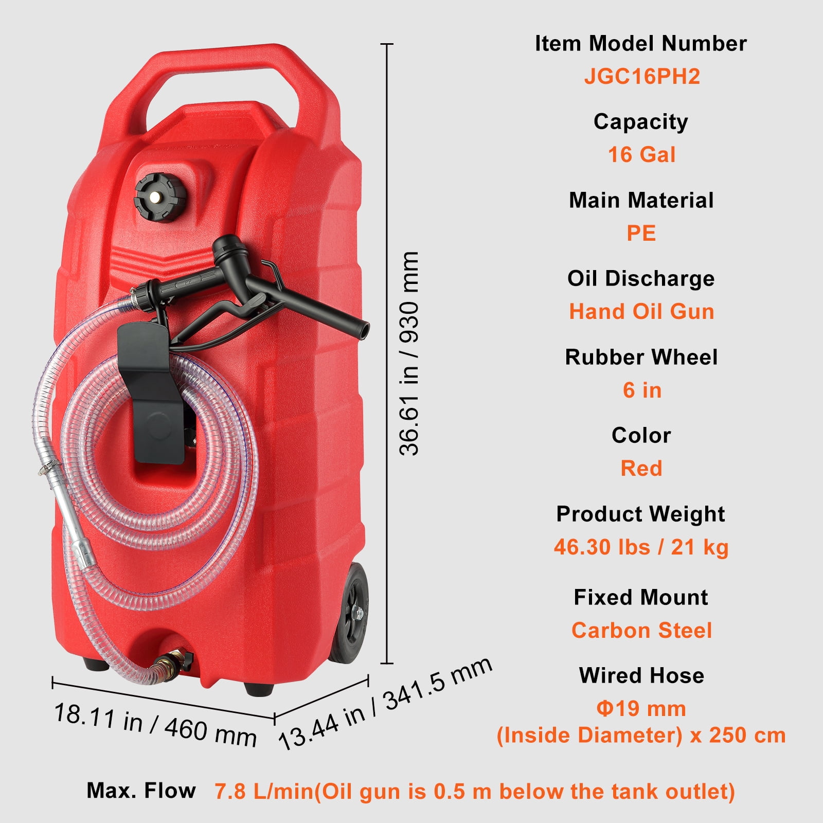 KFFKFF 16 Gallon Portable Fuel Caddy, 7.8 L/min, with Hand Pump and Rubber Wheels, Ideal for Gasoline, Diesel, Machine Oil Storage and Transfer for Cars, Mowers, Tractors, Boats, and Motorcycles