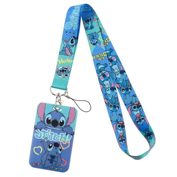 Stitch Cartoon Lanyard with ID Card Holder and Keychain Strap – Blue Heart Design