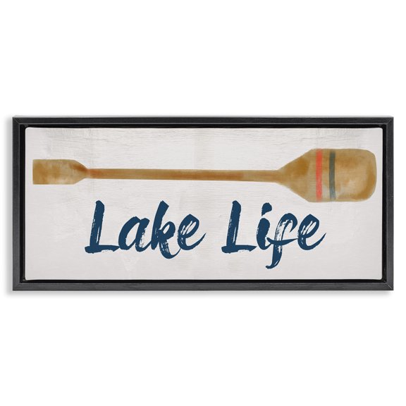 Stupell Industries Lake Life Boat Oar Inspirational Painting Black Floater Framed Canvas Art Print Wall Art, 25 x 11