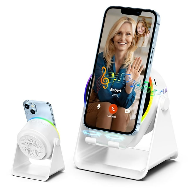 WJCA Wireless Charging Speaker with Phone Stand, Stereo Sound & RGB Mood Light, 360° Rotating Holder for Mobile Devices, Perfect for Home Office Desk, in White