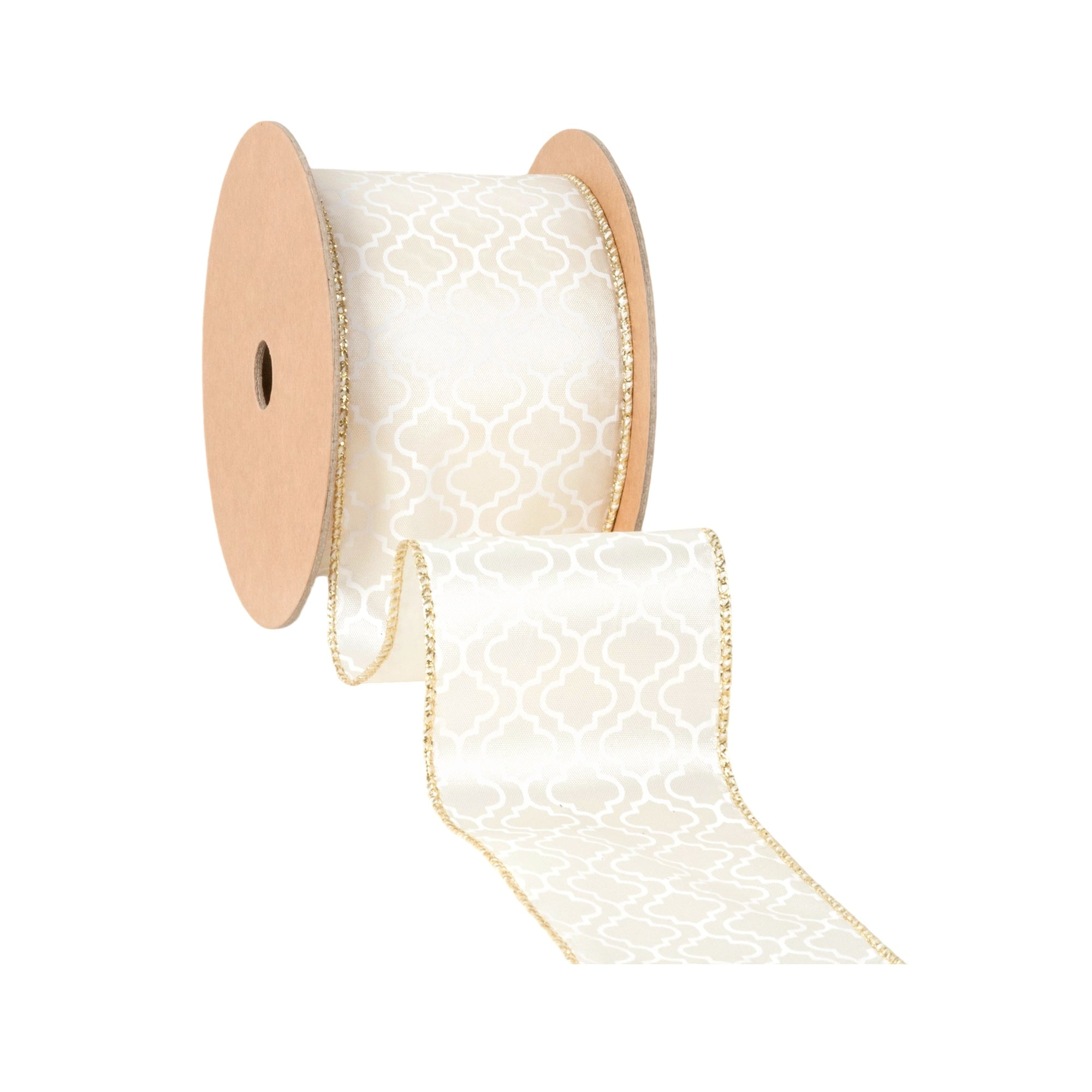 LaRibbons 2 1/2" Wired Ribbon, Geometry on Ivory, 10 Yard Roll