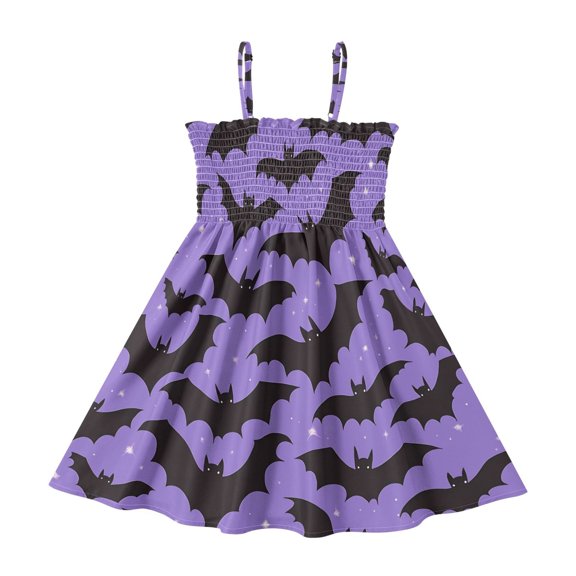 Bat Pattern Girls' Casual Dresses 2Y-8Y Sleeveless Ruffle Neck for Summer Daily Wear