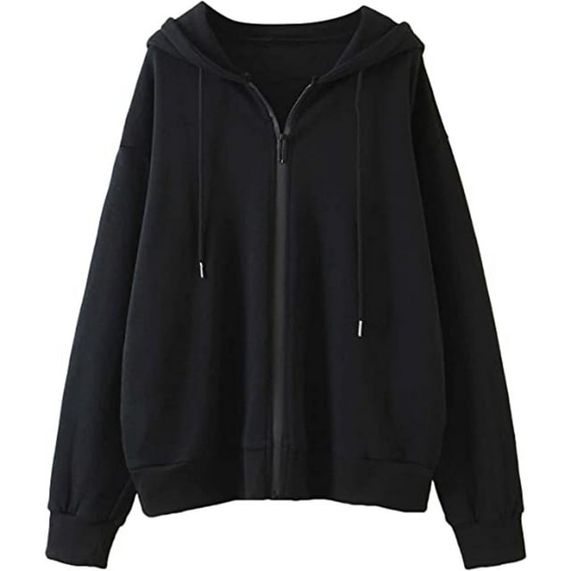 Women's Zip Up Long Sleeve Oversized Drawstring Hoodie Hooded Sweatshirt,Black,M