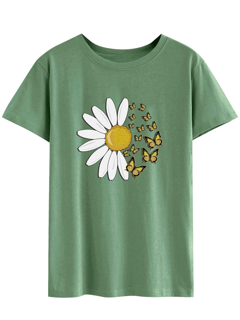 ZXSXSY Women Short Sleeve Crew Neck Daisy Print Tee Shirt