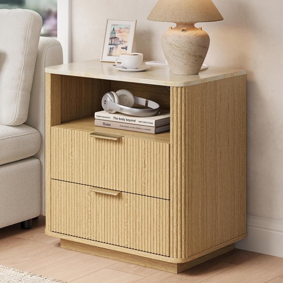 Modern Fluted Nightstand, 23.6" Wide Bedside Table with Charging Station, 2 Drawers and Open Shelf Wooden End Table for Bedroom and Living Room (B)