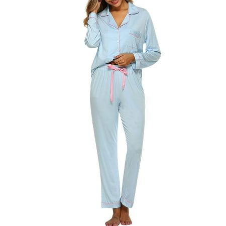 

Suits for Women! OTEMRCLOC Pajamas Women s Long Sleeve Sleepwear Soft Button Down Loungewear Pjs Set Nightwear XS-XXL Light Blue L