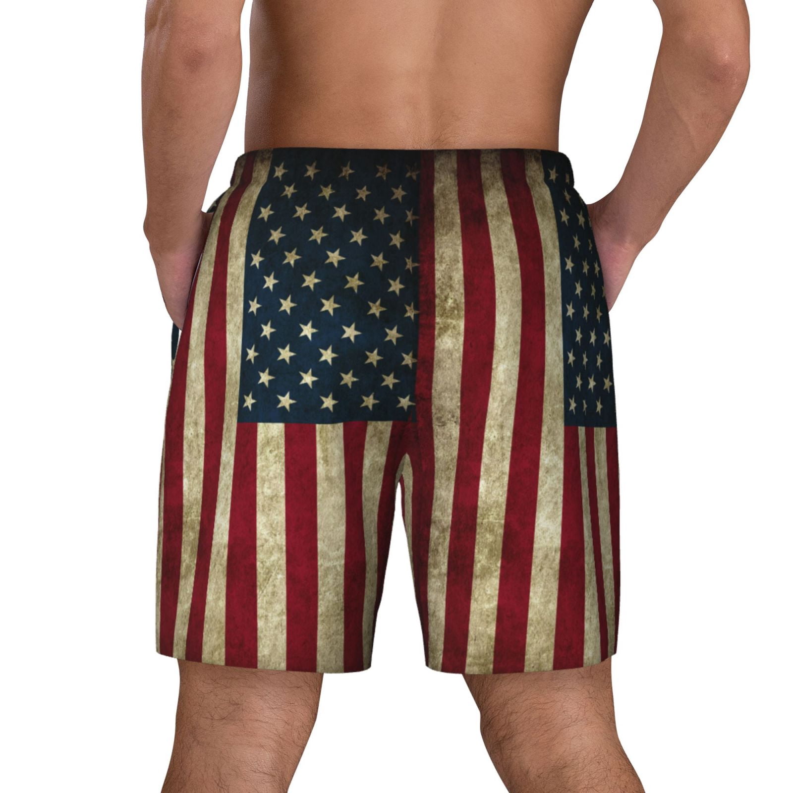 Men's Retro Old America Flag Swim Trunks with Compression Liner Bathing Suit Swimwear