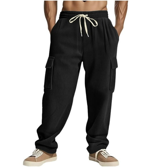 Summer Plus Size Men's Pants Solid Color Casual Elastic Waistband Drawstring Pocket Workwear