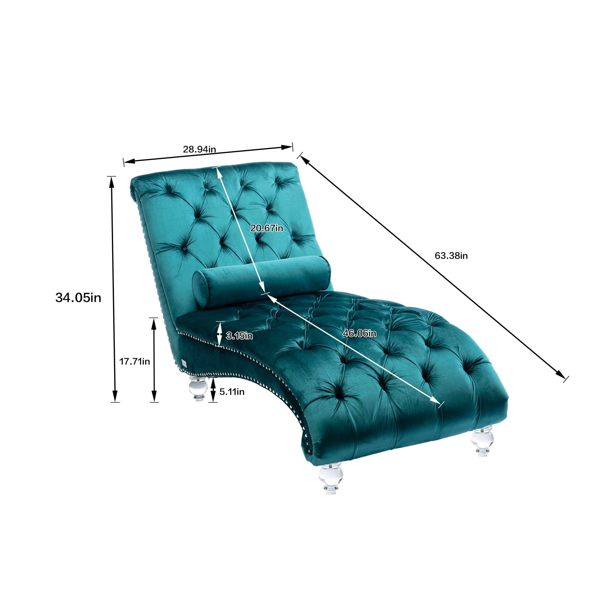 MAYEERTY Velvet Button Tufted Chaise Lounge with Pillow, Ergonomic S-Shape Indoor Lounge Chair with Wood Frame Acrylic Legs for Bedroom Living Room Office