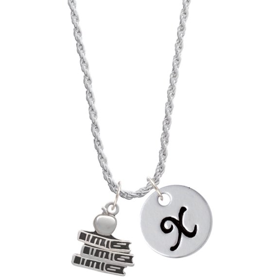 Delight Jewelry Silvertone Antiqued School Books with an Apple Silvertone Script Initial Disc - X - Charm Necklace, 20"+3"