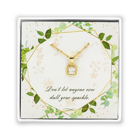 Gold Plated Square Halo Rhinestone Dainty Pendant Crystal Necklace for Women with Free Jewelry Gift Box