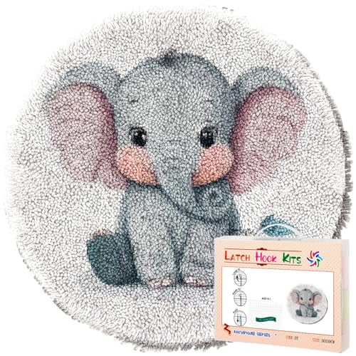 Latch Hook Rug Kit Cute Baby Elephant Stamped Handmade Round Shape Carpet Crochet Yarn Craft DIY Hook and Latch Door Mat Tapestry for Home Floor Decor 50x50cm(3)